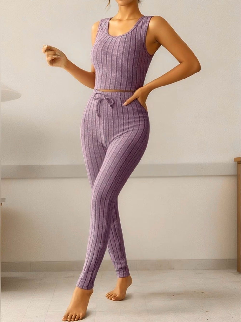 Lavender Ribbed 3-Piece Loungewear Set New Size L Soft Stretchy & Comfy. - Picture 3 of 7